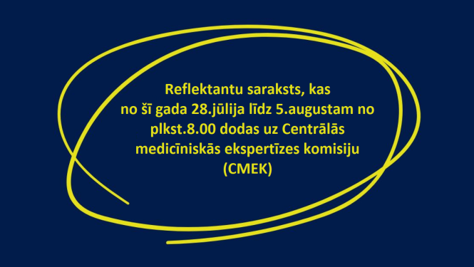 Reflektantu saraksts, kas š.g. no 28.jūlija līdz 5.augustam no plkst.8.00 dodas uz Centrālās medicīniskās ekspertīzes komisiju (CMEK)