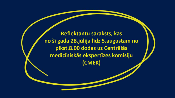 Reflektantu saraksts, kas š.g. no 28.jūlija līdz 5.augustam no plkst.8.00 dodas uz Centrālās medicīniskās ekspertīzes komisiju (CMEK)