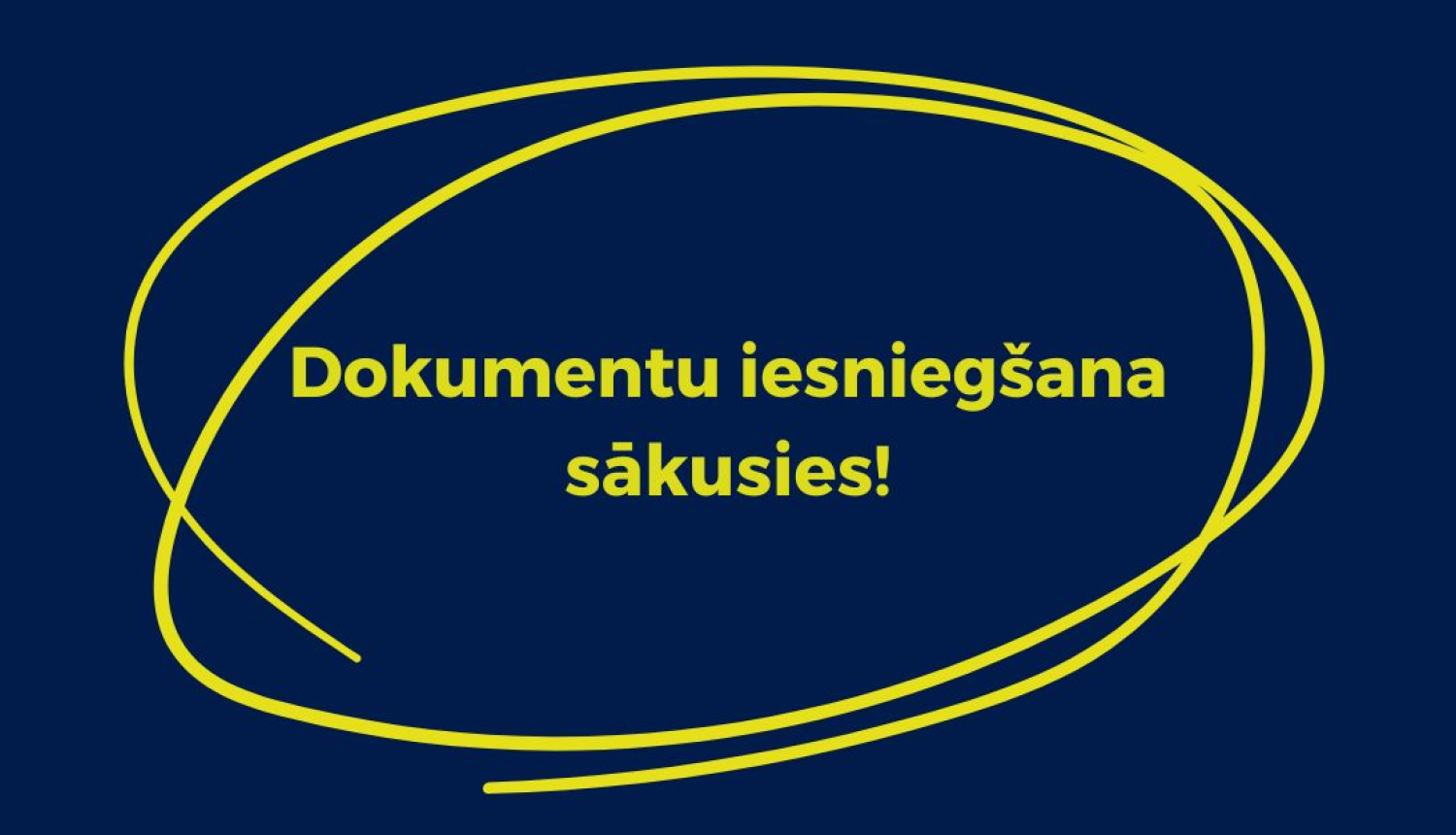 Zils fons ar dzeltenu ovālu kontūru. Centrā dzeltenā krāsā rakstīts teksts latviešu valodā: "Dokumentu iesniegšana sākusies!"